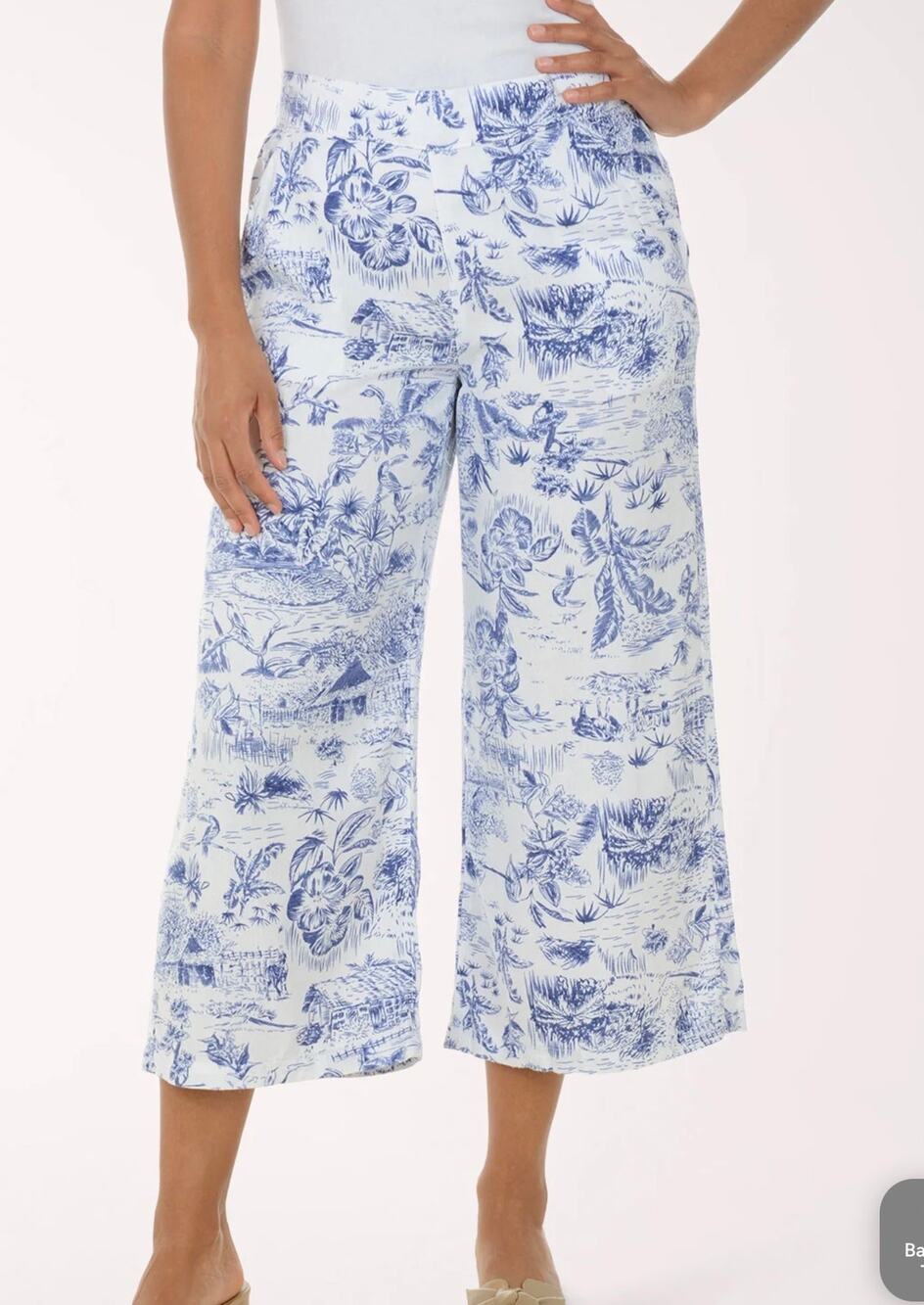 Dash Women's Tropical‎ Toile Linen Crop Wide Leg Pants blue and white size small